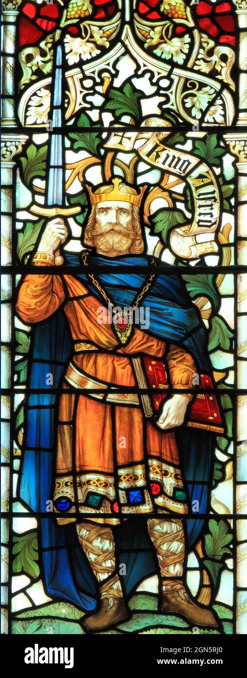 King Alfred the Great, of Wessex, King of West Saxons, King of Anglo Saxons, 9th century, Saxon King, stained glass, Blakeney church, Norfolk, England Stock Photo