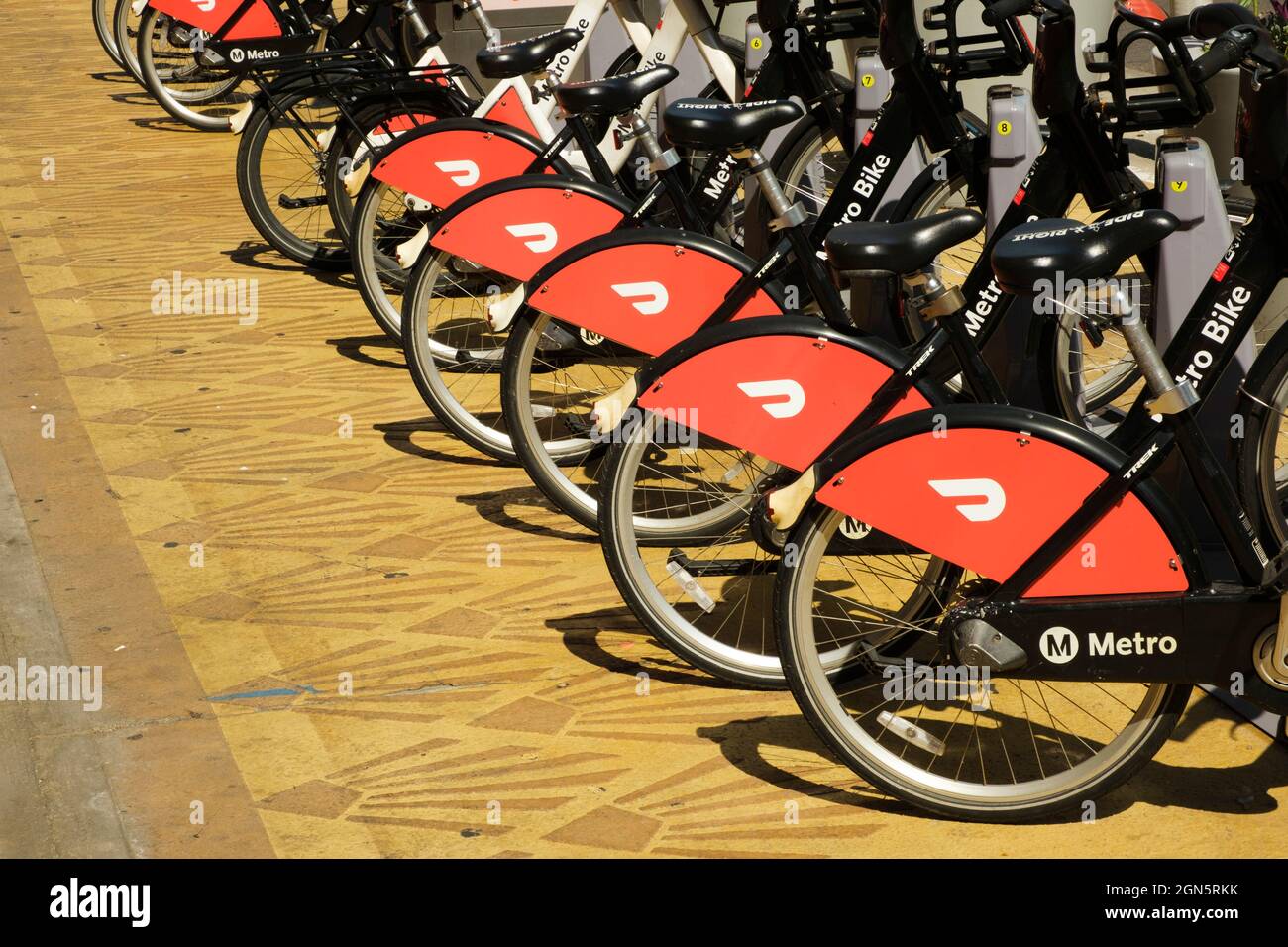 Metro - Public Transportation - bicycles. Broadway, Downtown Los Angeles, California, United States of America Stock Photo