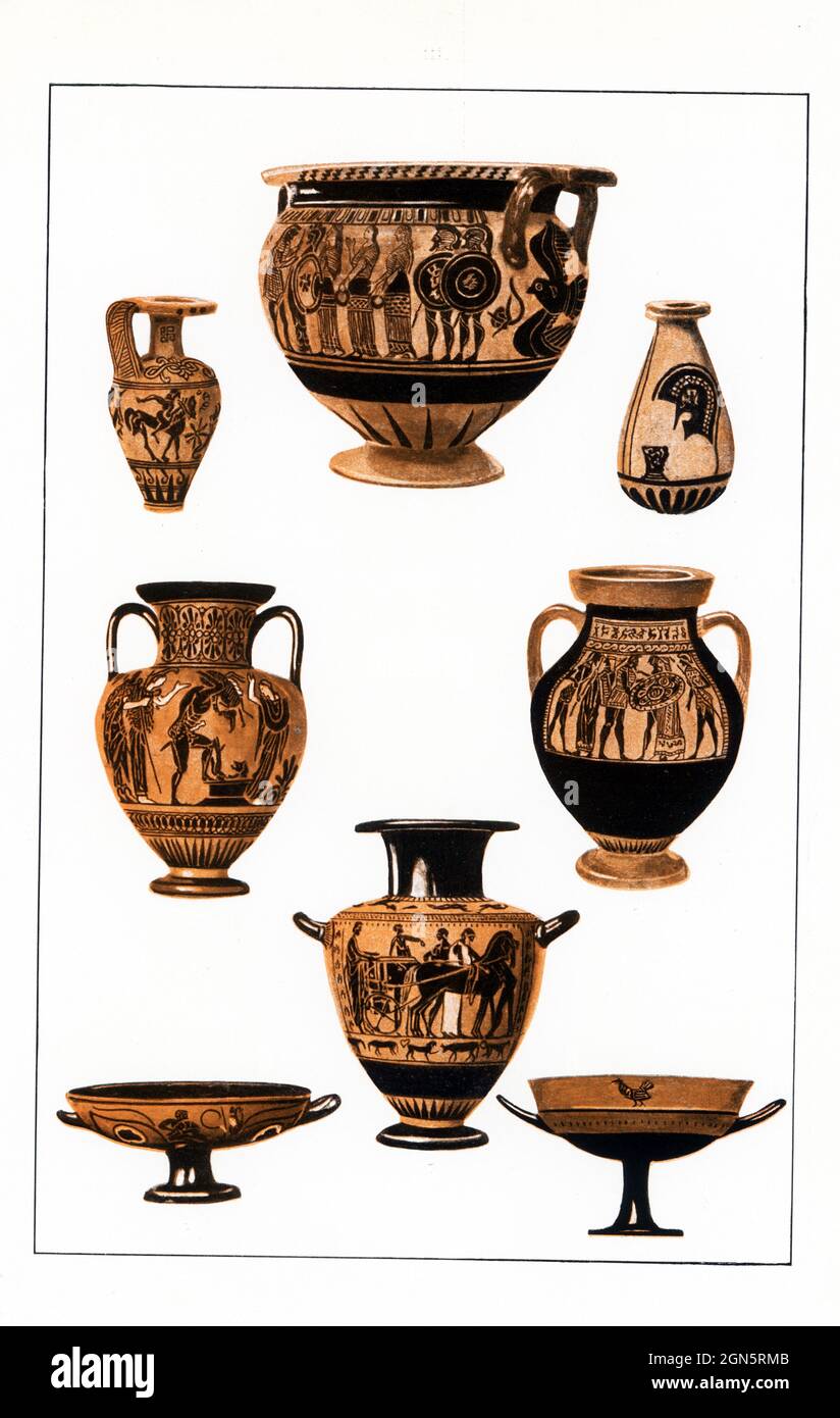 Shown here are vases dating from  end of the 7th century (600s BC) and they reflect the Attic and Corinthian style known as black-figured vases. The black-figure technique of vase painting was invented in the city of Corinth around 700 B.C. It was around this time that Corinthian vase painters began adorning their vessels with animal friezes and occasional mythological scenes and they developed this new style of painting to depict these motifs. As the vases were being made, a liquid clay called slip was applied to patch up weak areas or hold pieces together. The slip turned black during firing Stock Photo