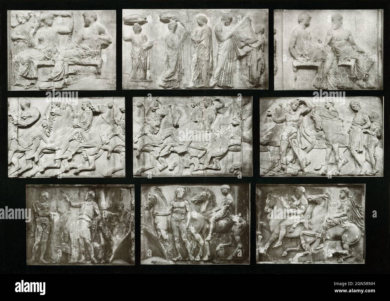 This 1910 photo shows reliefs from the Partheno frieze on the Acropolis in Athens. They are scenes from the pageant that represent and illustrate the days of the Panathenaic Festival.  Located on the Athenian Acropolis, the Parthenon was the culmination of Greek architecture and was more lavishly decorated than any Greek temple before it.  Phidias was the overseer of the temple's sculptural decoration, and every one of the ninety-two Doric metopes had relief sculptural scenes, as well as every inch of the 424-foot-long Ionic frieze.  The pediments were filled with dozens of larger-than-life si Stock Photo