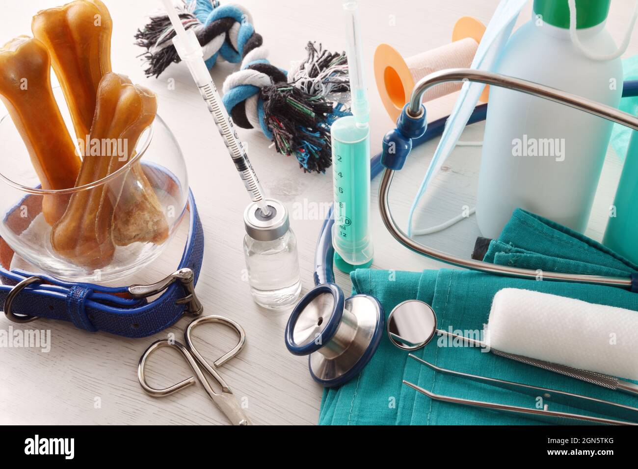 Background with table with supply for veterinarians with medical