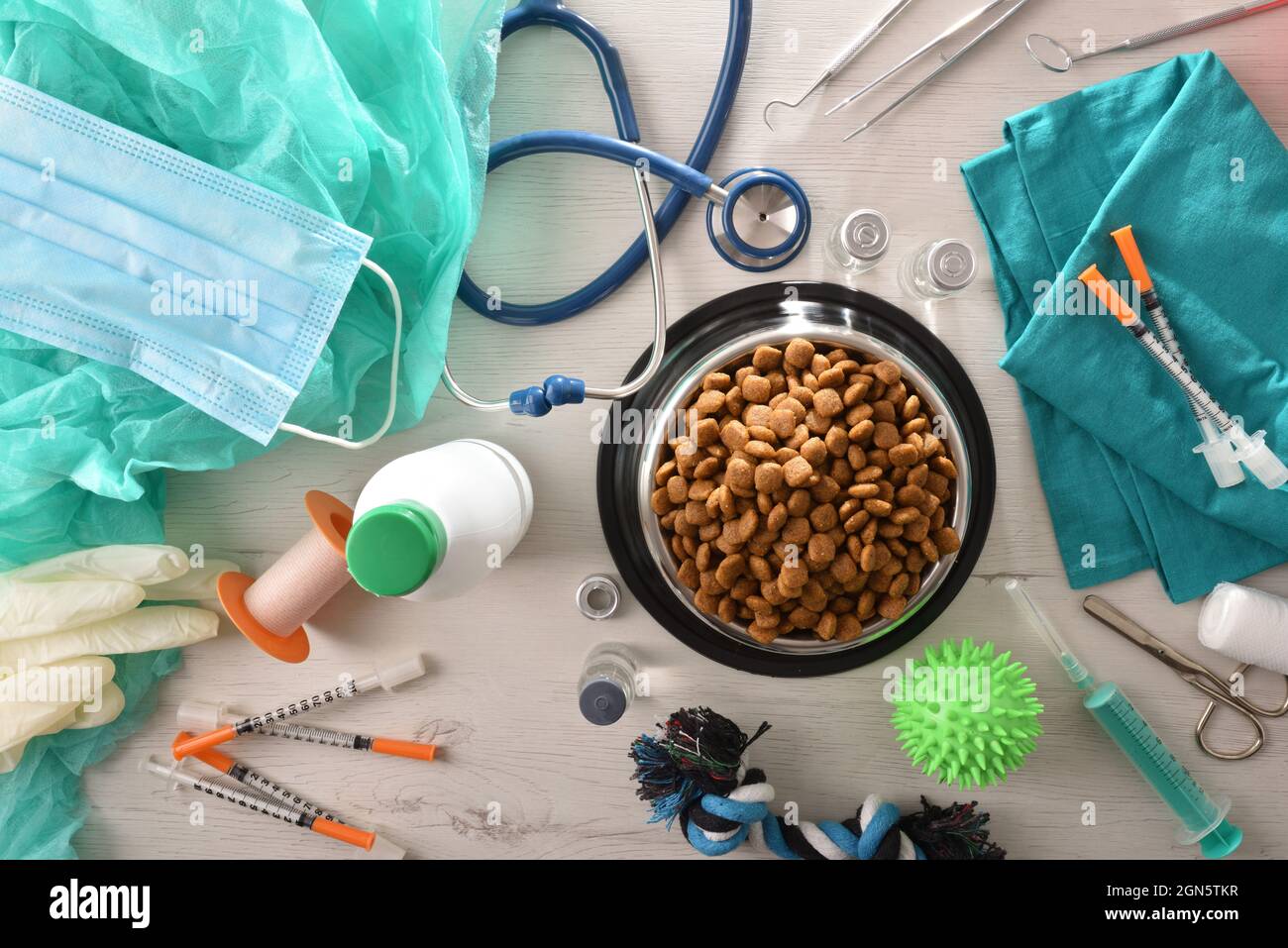 Background with table with supply for veterinarians with medical