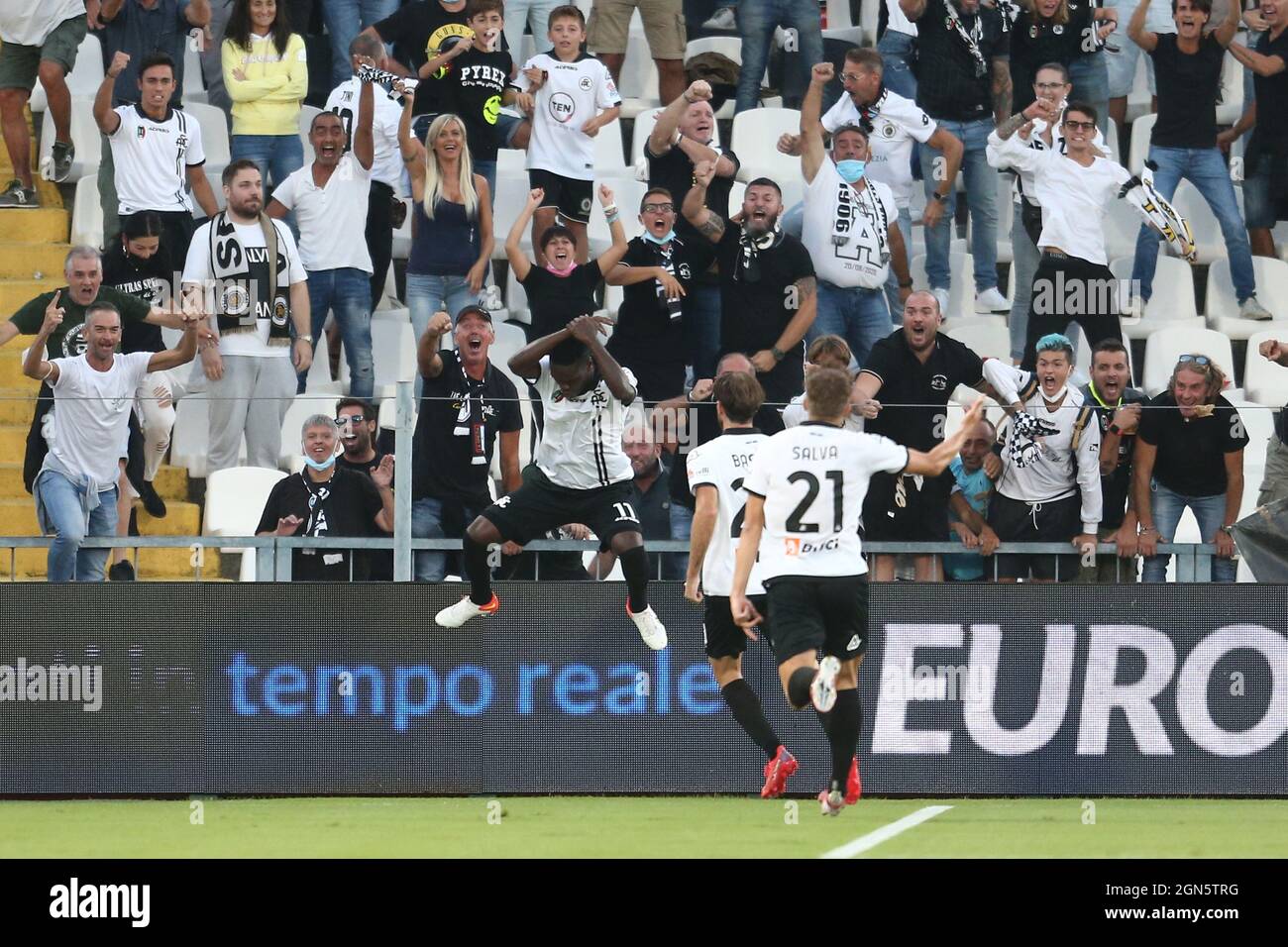 Spezia's Ganese forward Emmanuel Gyasi celebrates after scoring a goal  during Serie A football match between Spezia and Juventus at the Alberto  Picco Stadium, La Spezia , Italy, on September 22 2021