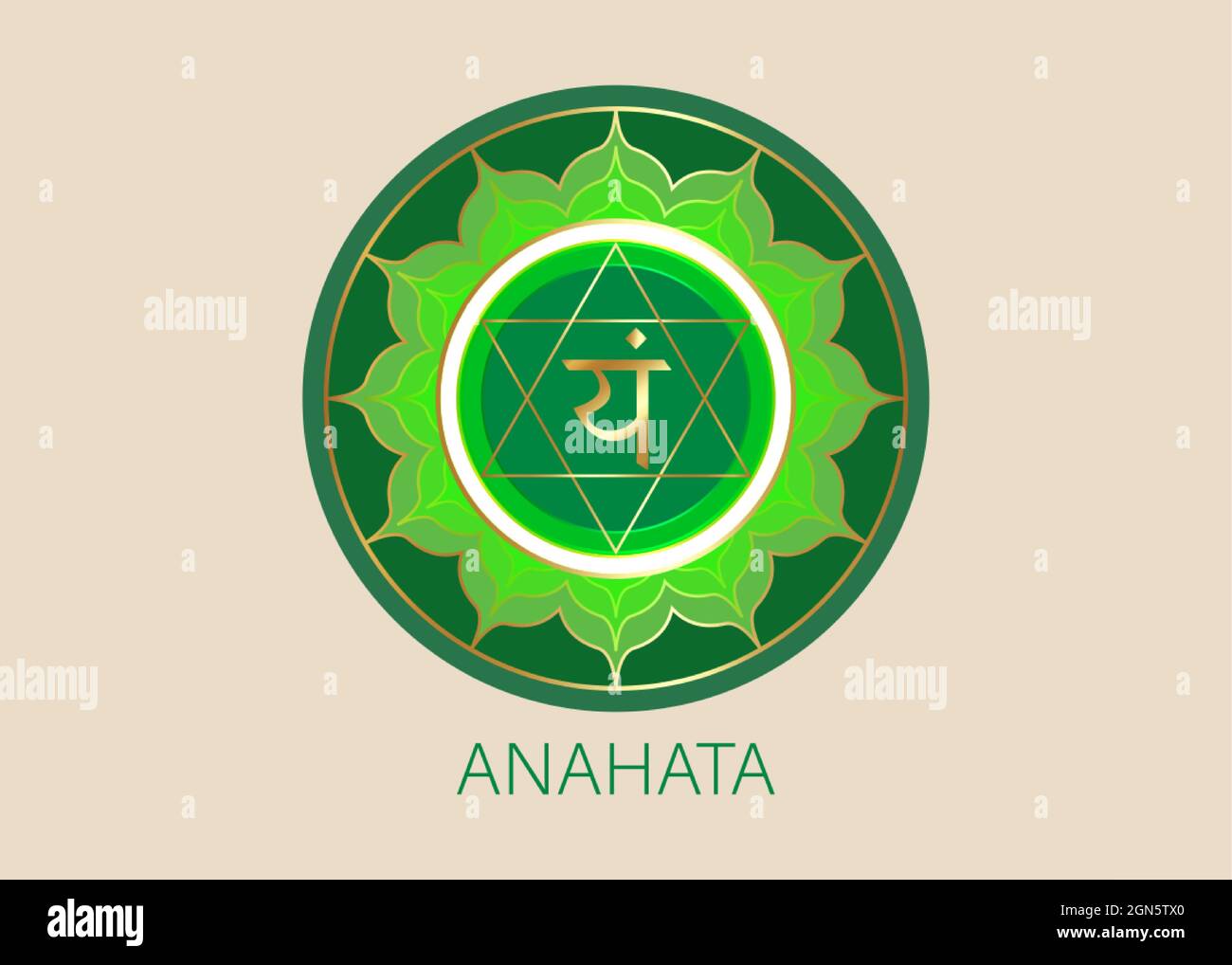 Anahata Fourth chakra  with the Hindu Sanskrit seed mantra Vam. green is a flat design style symbol for meditation, yoga. Round Logo template Vector Stock Vector