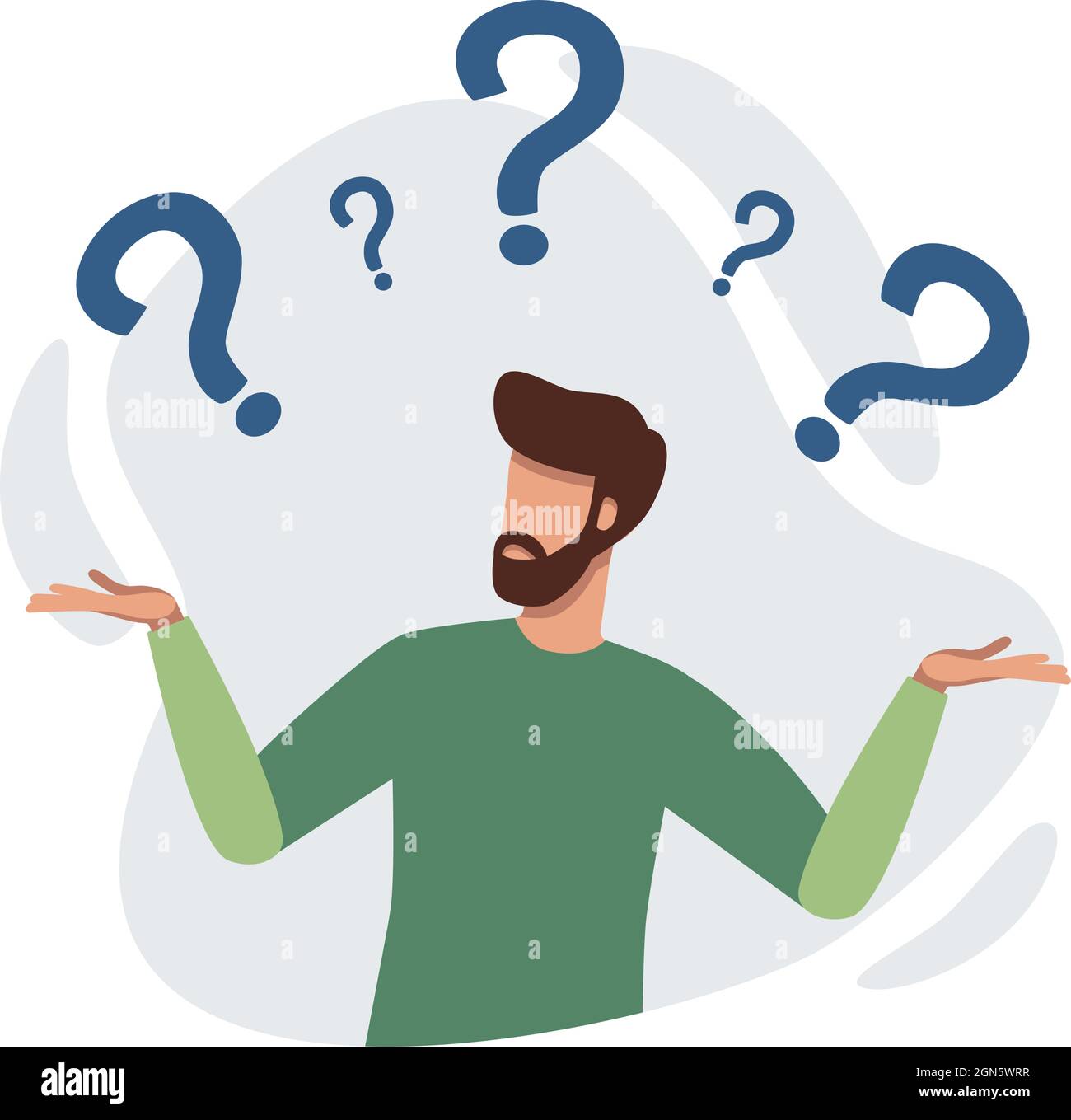 Confused person surrounded by question marks Stock Vector