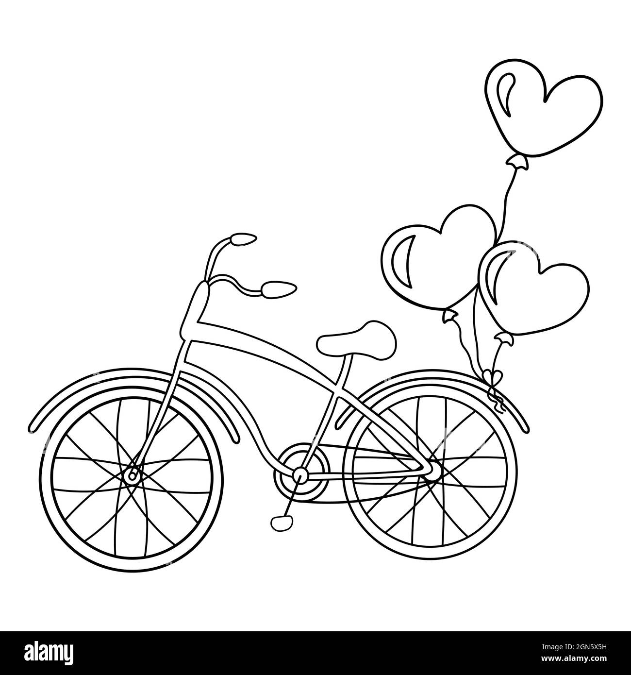 Bicycle with of balloons hearts. Vector illustration in doodle style isolated on white background. Valentine's day for a postcard or a poster. Stock Vector