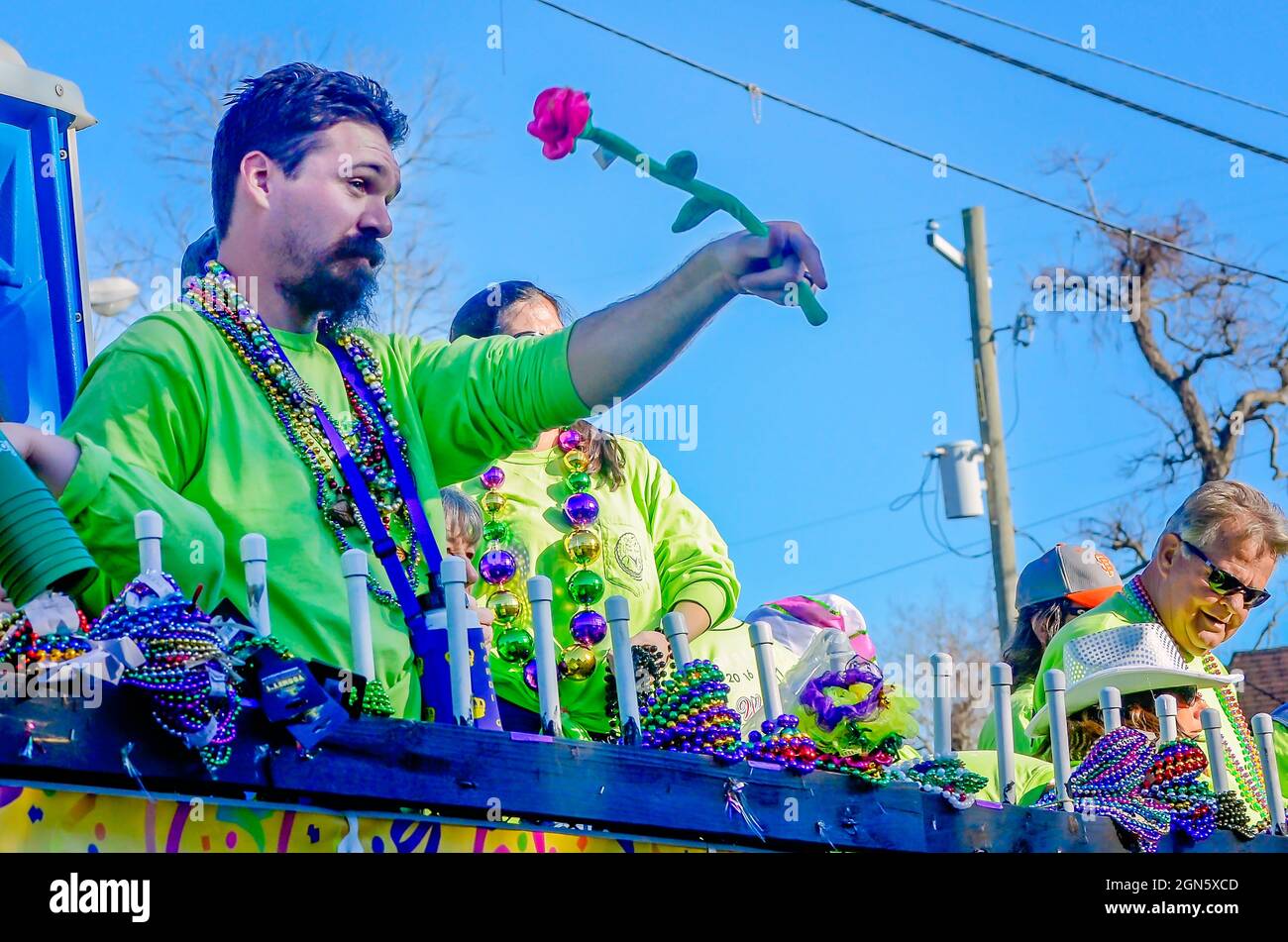 A man waves a rose from a Mardi Gras float during the Joe Cain Day Mardi Gras parade, Feb. 7, 2016, in Mobile, Alabama. Stock Photo