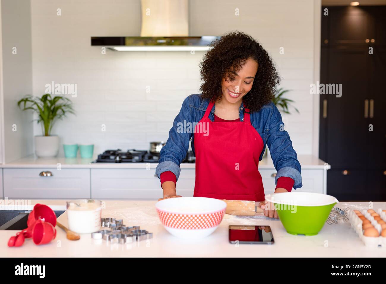 Happy women wearing apron in kitchen Royalty Free Vector