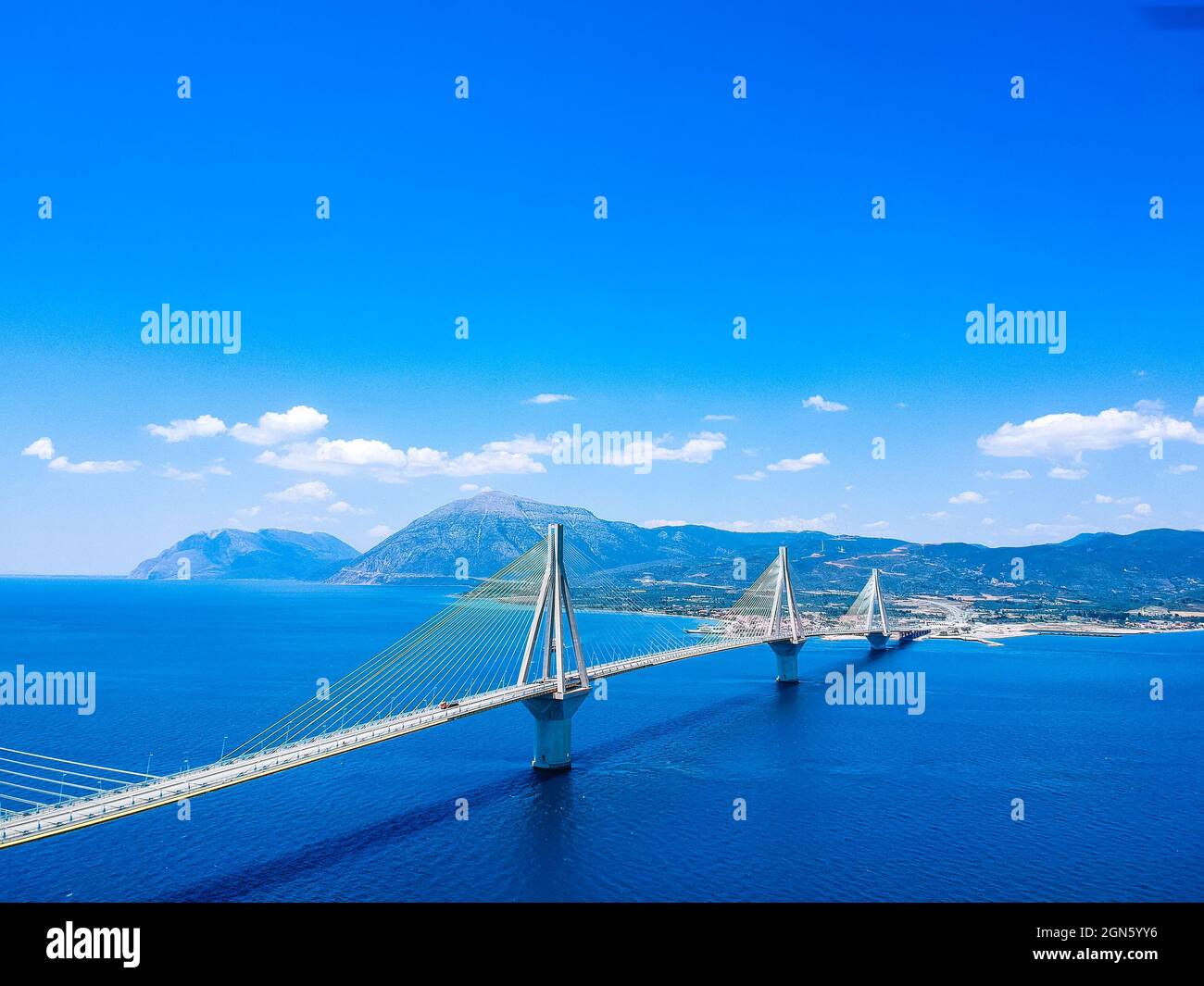 Aerial view of Rio Antirrio or Charilaos Trikoupis Bridge near Patra City, Greece. Stock Photo