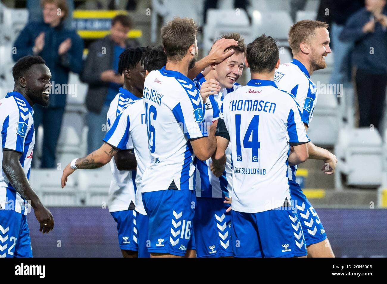 Odense, Denmark. 13th, September 2021. Mads Frokjaer-Jensen (29) of OB  scores for 2-0 during the 3F Superliga match between Odense Boldklub and  Soenderjyske at Nature Energy Park in Odense. (Photo credit: Gonzales