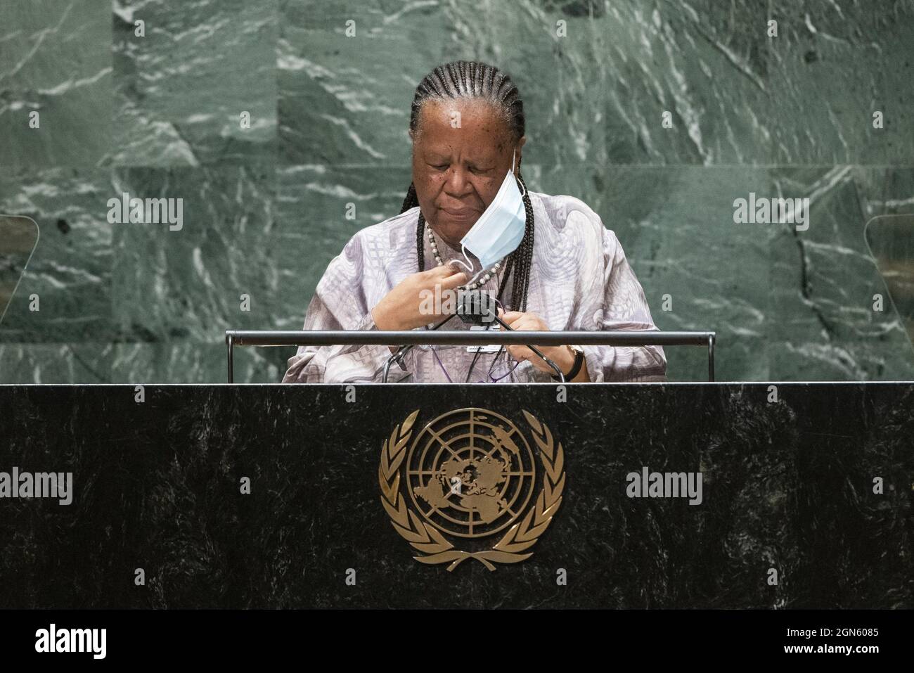 New York, United States. 22nd Sep, 2021. South Africa's Minister of International Relations and Cooperation Naledi Pandor addresses the UN General Assembly 76th session General Debate in UN General Assembly Hall at the United Nations Headquarters on Wednesday, September 22, 2021 in New York City. Pool Photo by Eduardo Munoz/UPI Credit: UPI/Alamy Live News Stock Photo