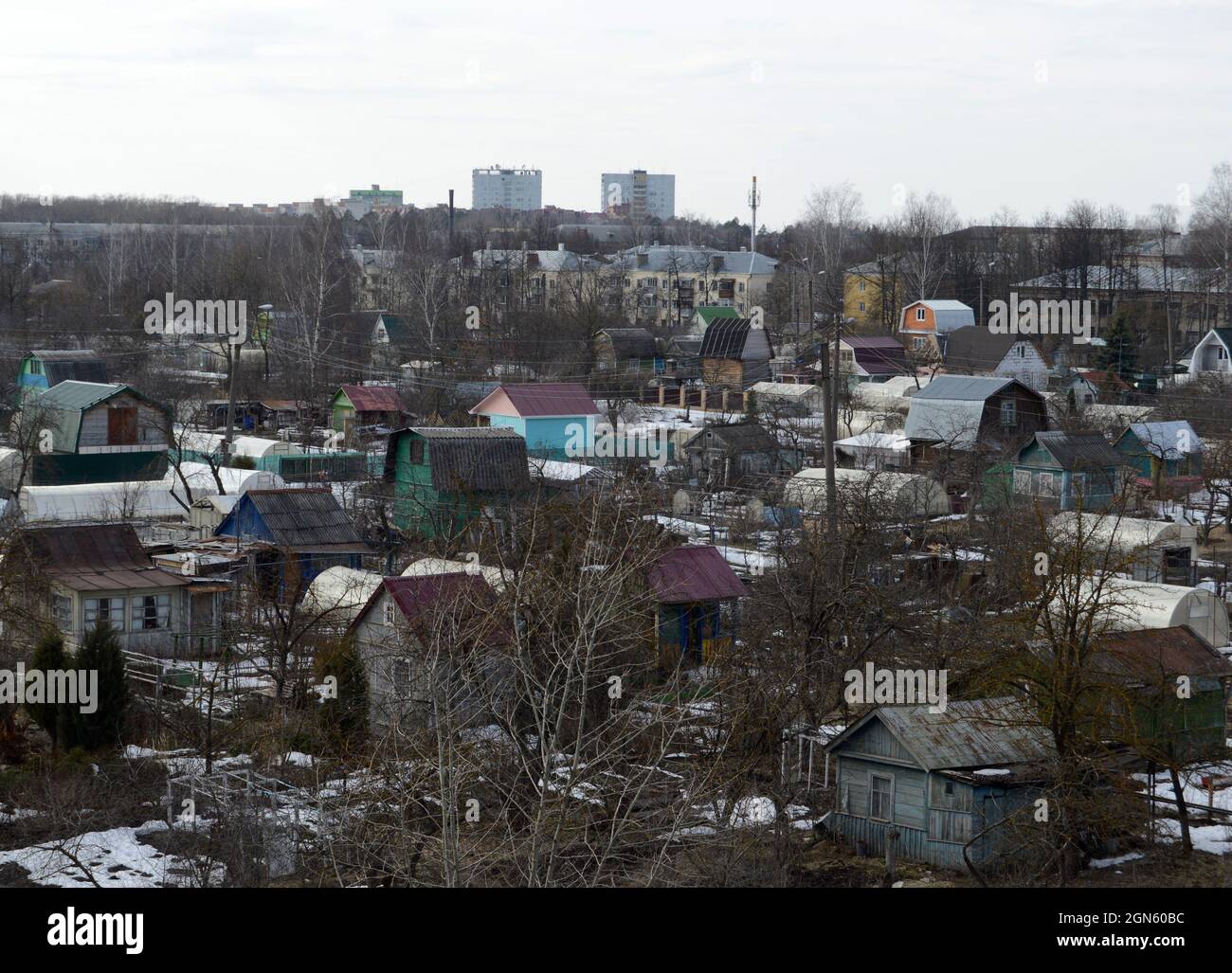 Kovrov, Russia. 22 March 2017. Collective gardens in early spring. View ...