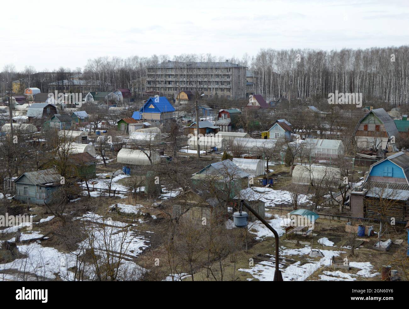 Kovrov, Russia. 22 March 2017. Collective gardens in early spring. View from a multistory building Stock Photo