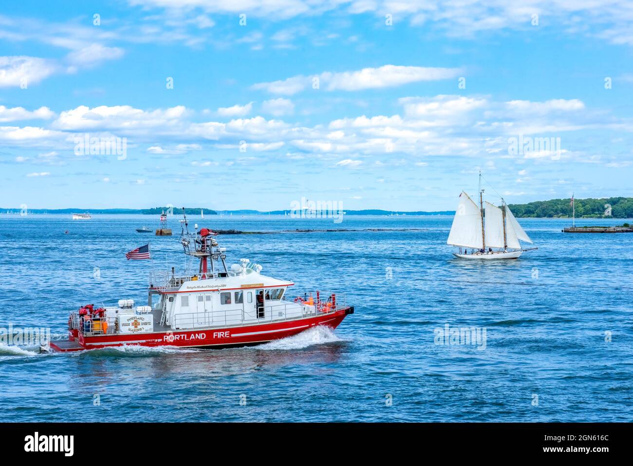 Casco Bay, Maine, USA. Fire boat near Fort a former United