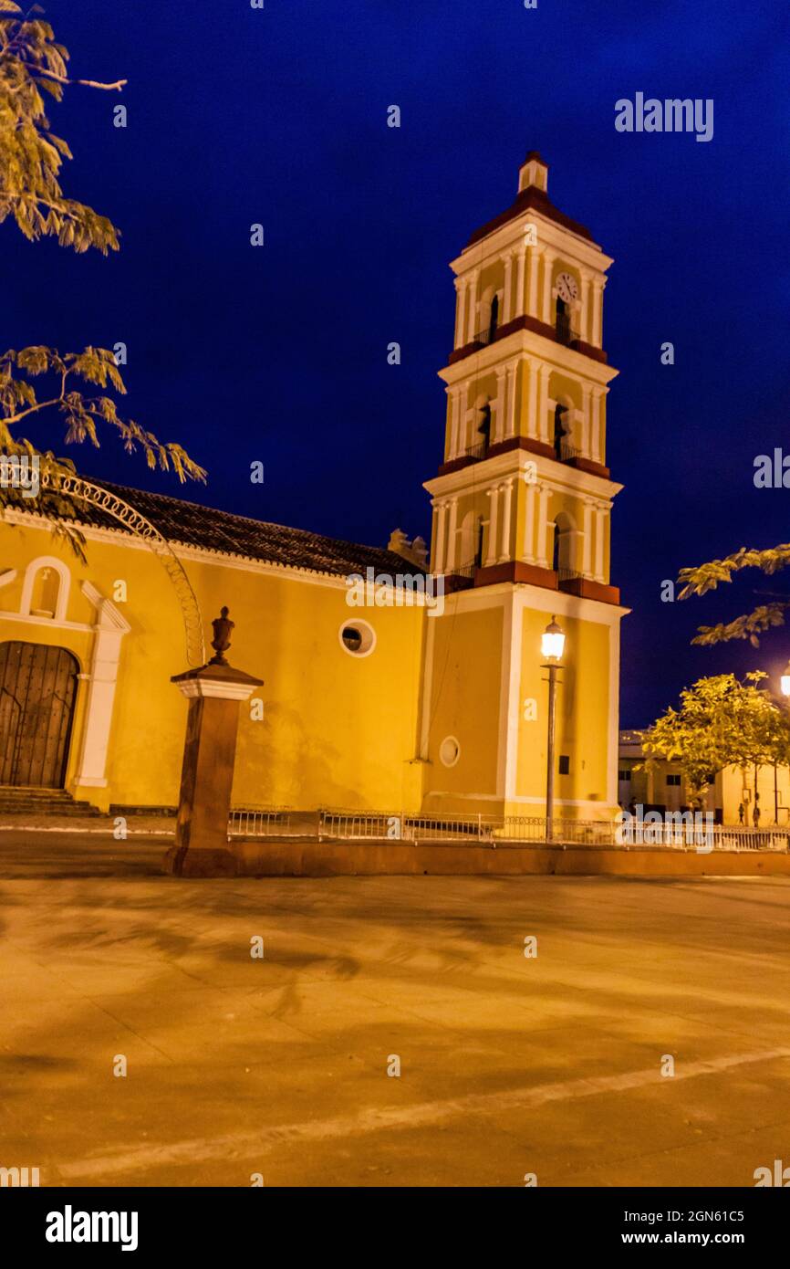 Night view of San Juan Bautista church in Remedios, Cuba Stock Photo