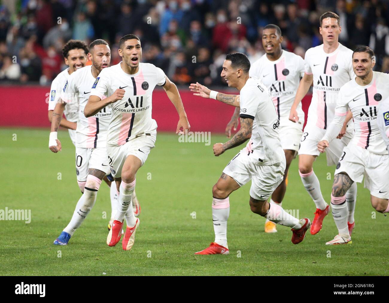 Metz, France. 22nd Sep, 2021. Achraf Hakimi of PSG celebrates his second  goal with Neymar Jr and teammates during the French championship Ligue 1  football match between FC Metz and Paris Saint-Germain (