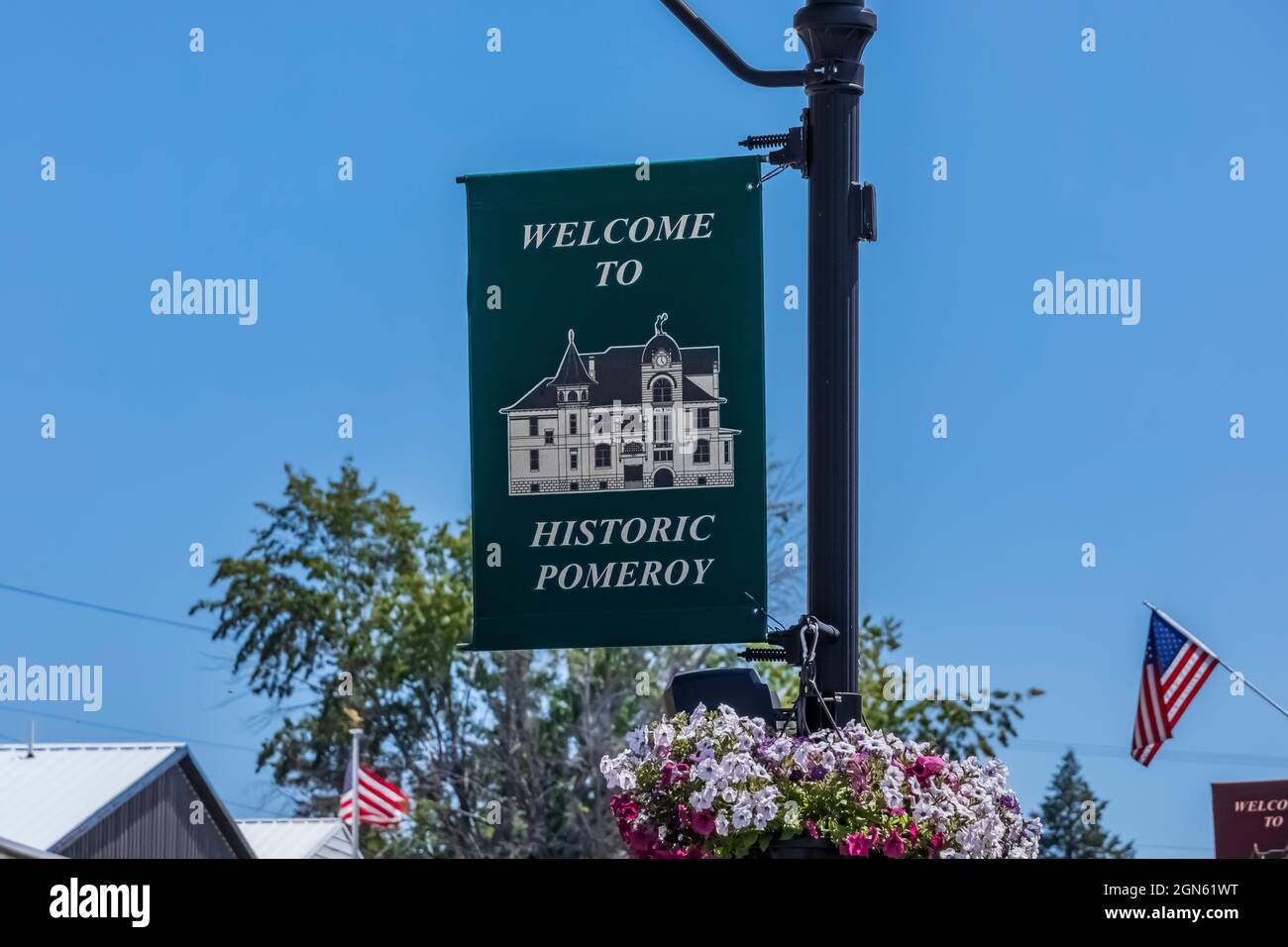 Banner welcoming visitors to Pomeroy, Washington State, USA Stock Photo