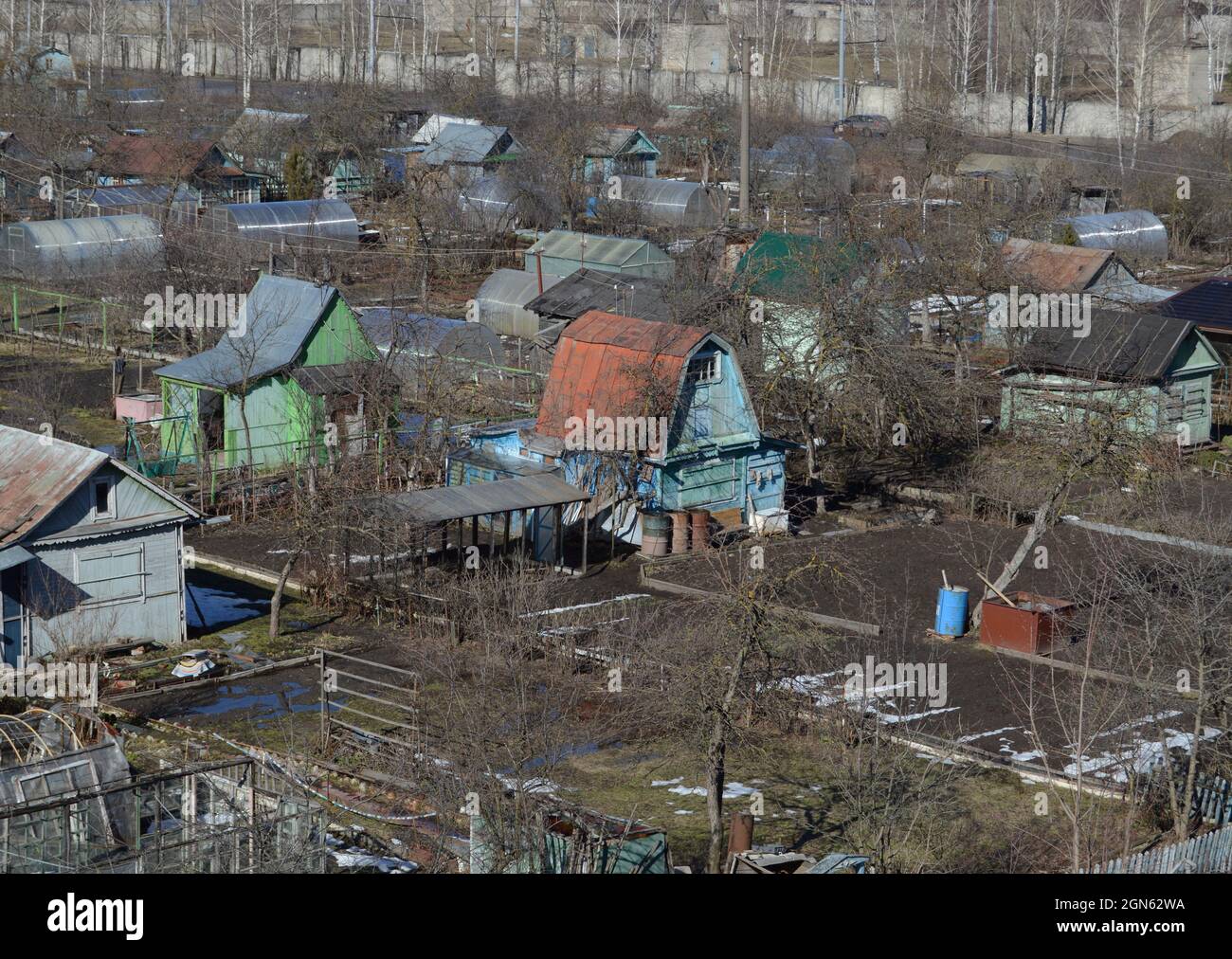 Kovrov, Russia. 23 March 2017. Collective gardens in early spring. View from a multistory building Stock Photo