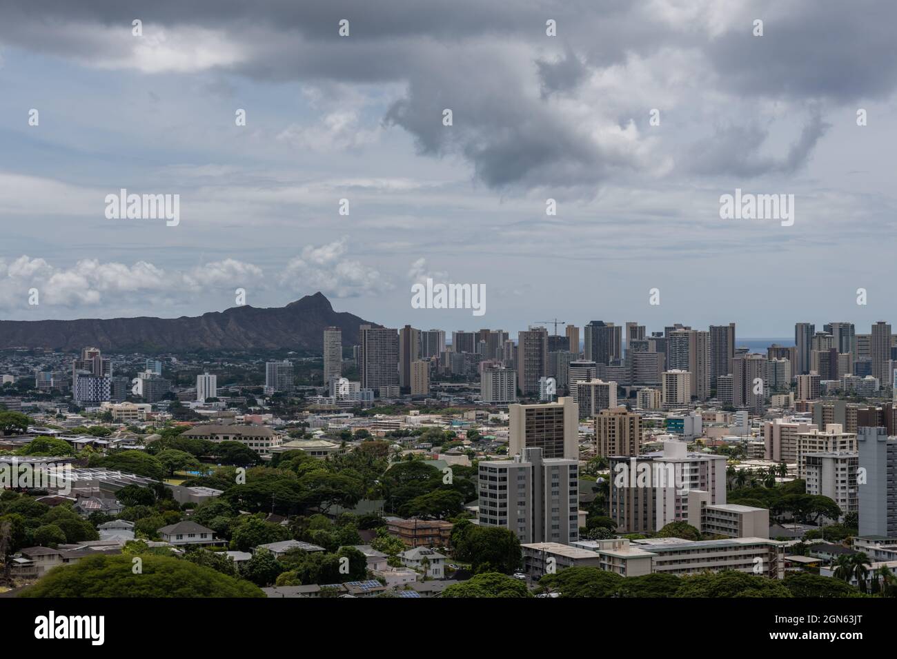 Scenic aerial Honolulu vista with the Diamond Head in the background on