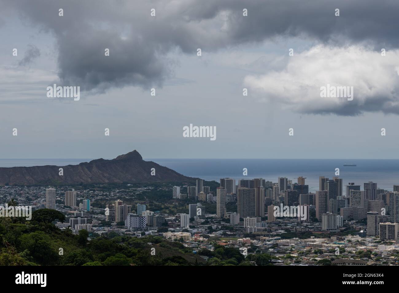 Scenic aerial Honolulu vista with the Diamond Head in the background on