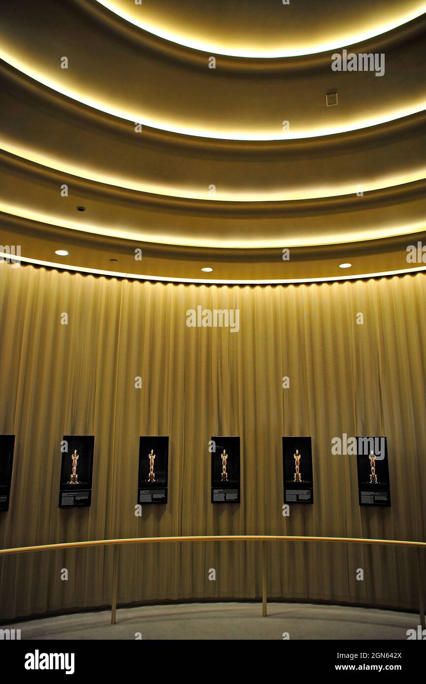Room with display of actual Oscar Awards at the Academy Museum of Motion Pictures, Los Angeles, California, Stock Photo