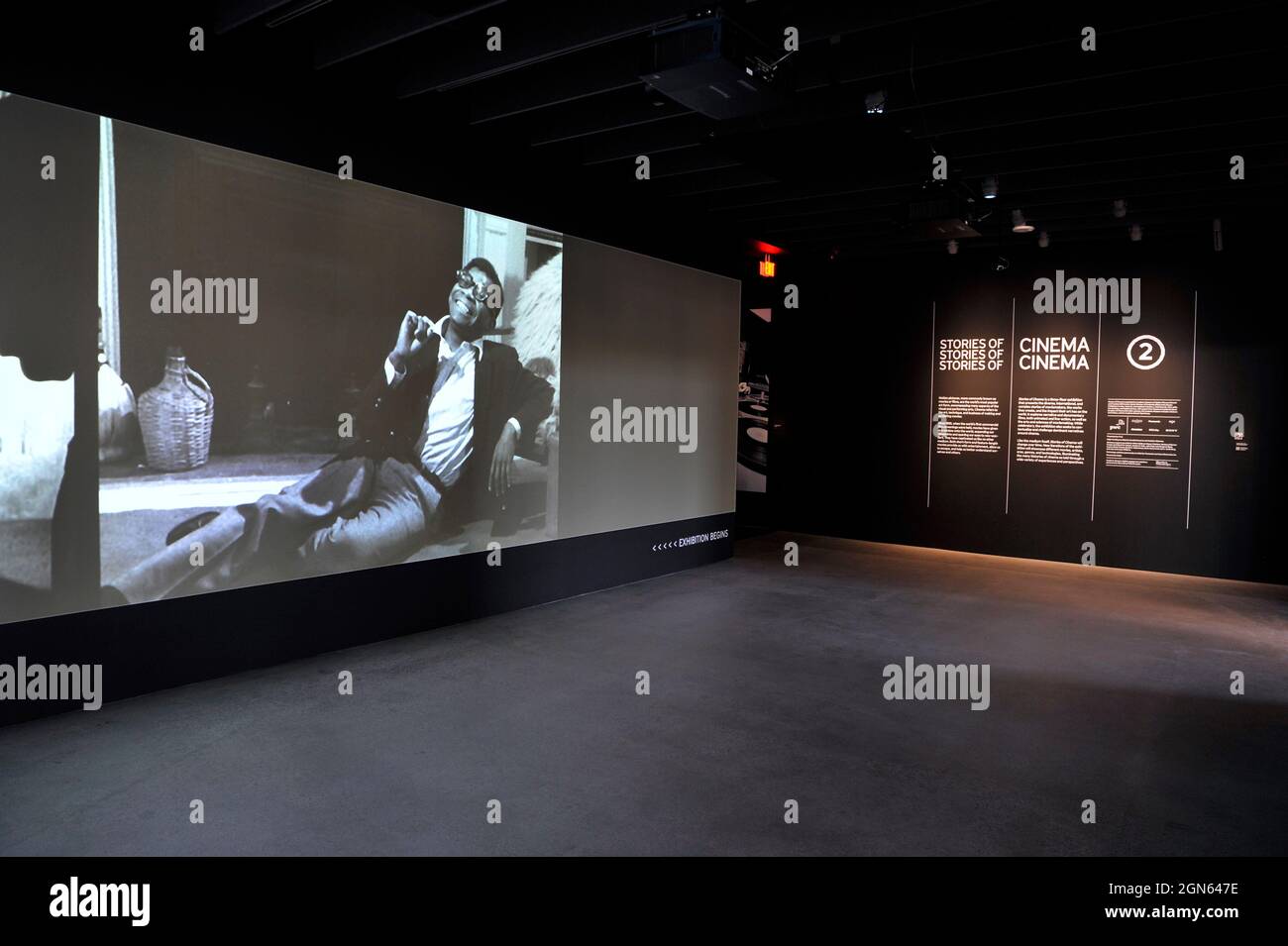 Film projected on a screen at entry to exhibit at the Academy Museum of Motion Pictures in Los Angeles, California Stock Photo