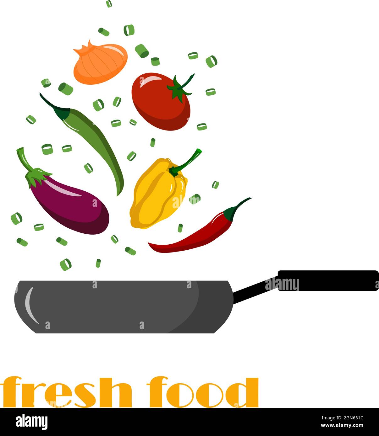Frying pan with fresh vegetables - eggplant, green onion and tomato, pepper. Vector illustration on a white background with text.  Stock Vector