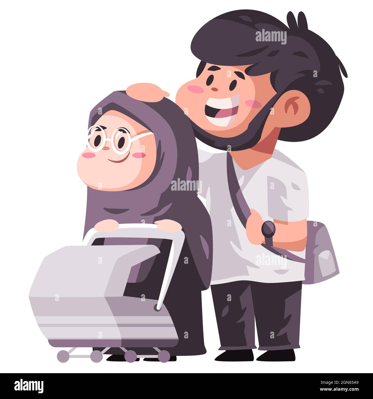 Muslim Islam couple family with hijab hold bring their baby in stroller fun happy family new born Stock Vector