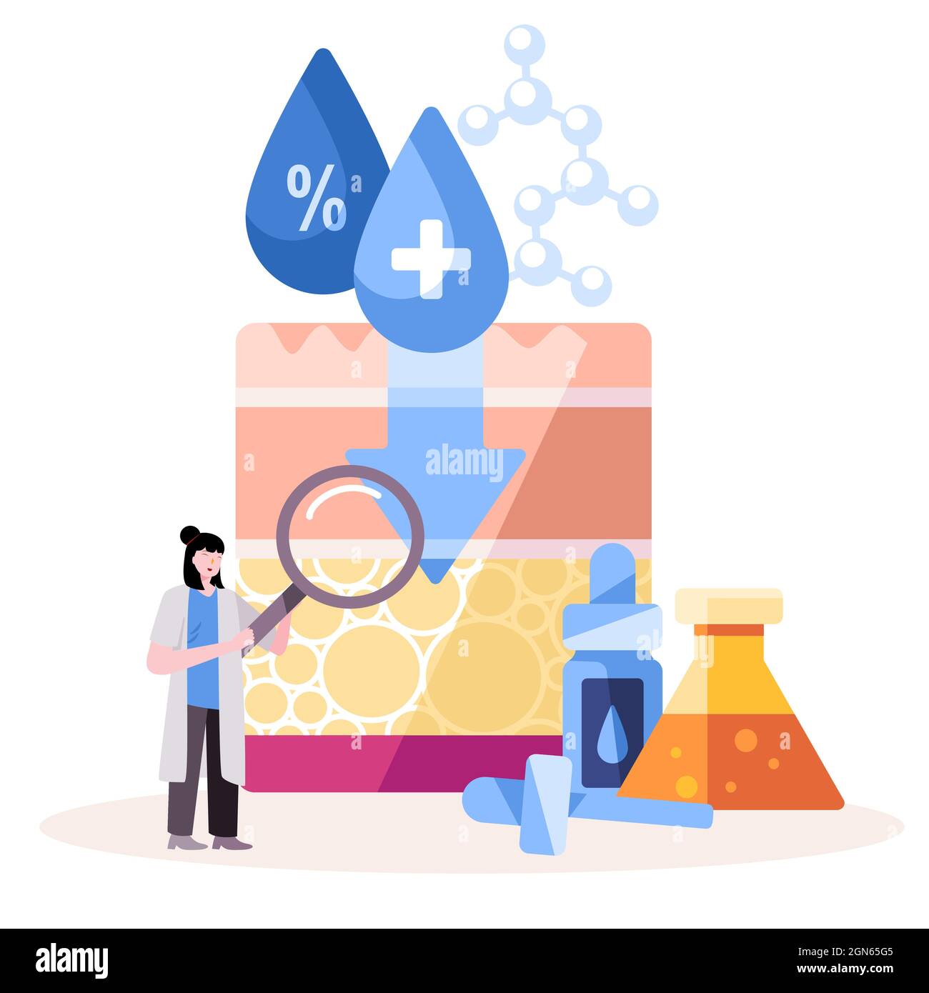 woman researcher is analyzing hyaluronic acid as serum moisturizer for skin elasticity and anti aging in her laboratory modern cartoon flat color Stock Vector