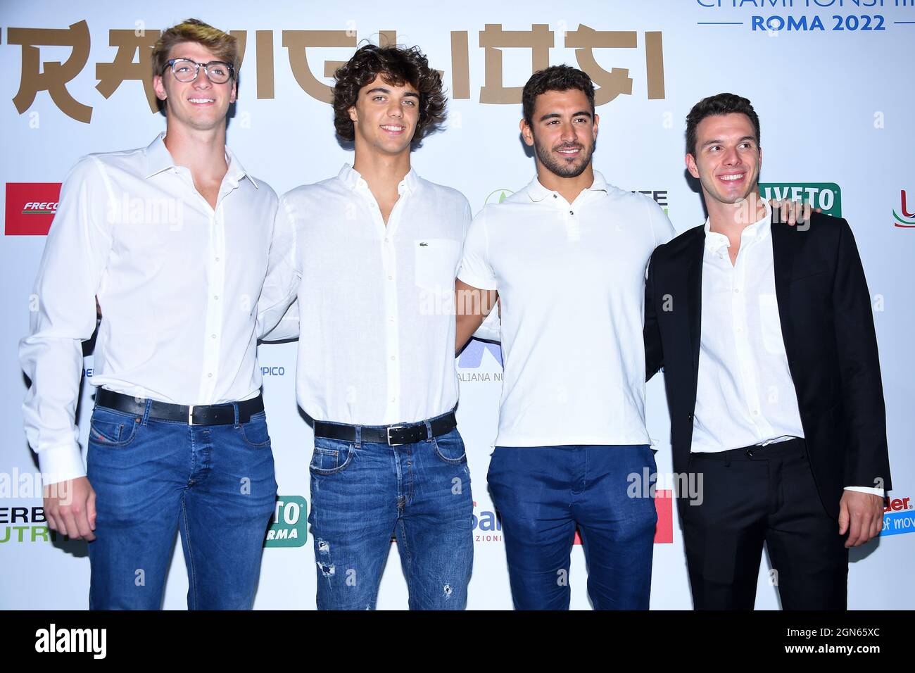 Rome, Lazio. 22nd Sep, 2021. Alessandro Miressi, Thomas Ceccon, Pier Andrea Matteazzi during the Gala i wonderful an evening to celebrate the Tokyo Olympic and Paralympic swimming medals in the Foro Italico in Rome, Italy, September 22th, 2021. Massimo Insabato Credit: Independent Photo Agency/Alamy Live News Stock Photo