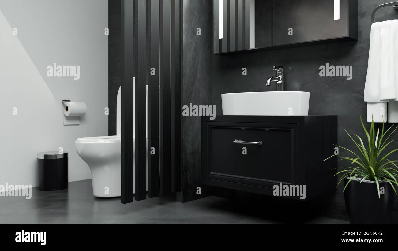 Modern loft dark grey bathroom interior style with toilet bowl, black