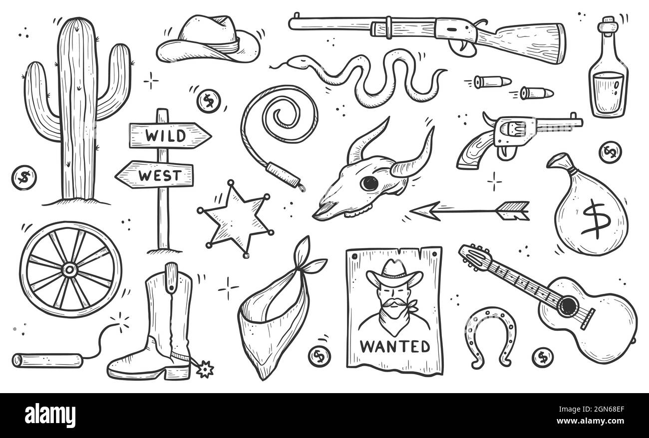 Cowboy western doodle set. Hand drawn sketch line style. Cowboy hat, cow skull, gun, cactus element. Wild west vector illustration. Stock Vector