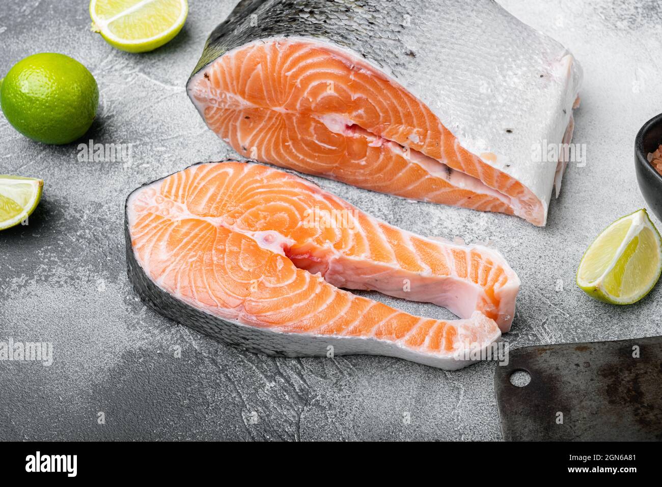 Salmon raw steak set, on gray stone table background Stock Photo - Alamy