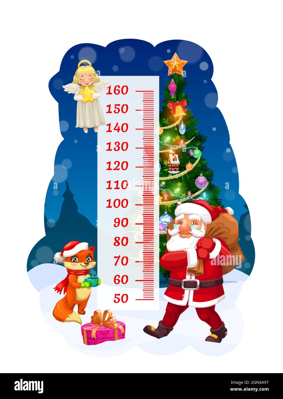 https://c8.alamy.com/comp/2GN6A97/kids-height-chart-santa-with-gift-bag-growth-meter-vector-wall-sticker-for-children-height-measurement-with-cartoon-characters-angel-santa-claus-and-cute-fox-near-decorated-christmas-tree-and-scale-2GN6A97.jpg