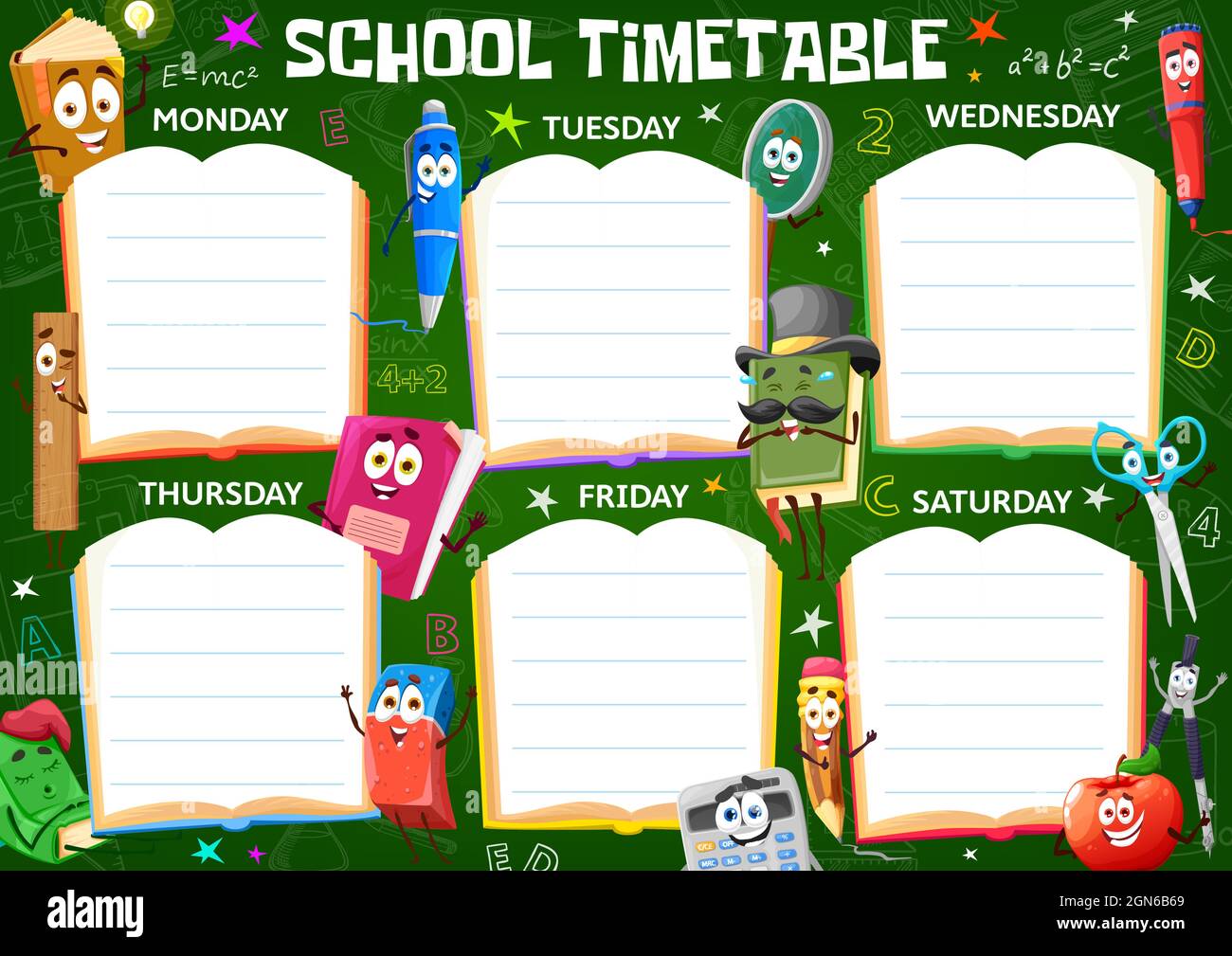 Education timetable schedule with cartoon school education stationery