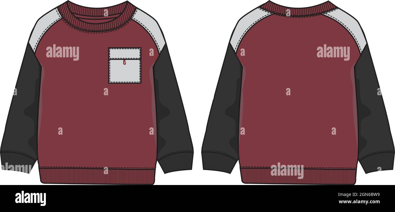 Crew neck Long sleeve With pocket cotton fleece jersey sweatshirt vector fashion template for men’s. Front and back views. Dress design mock up. Stock Vector