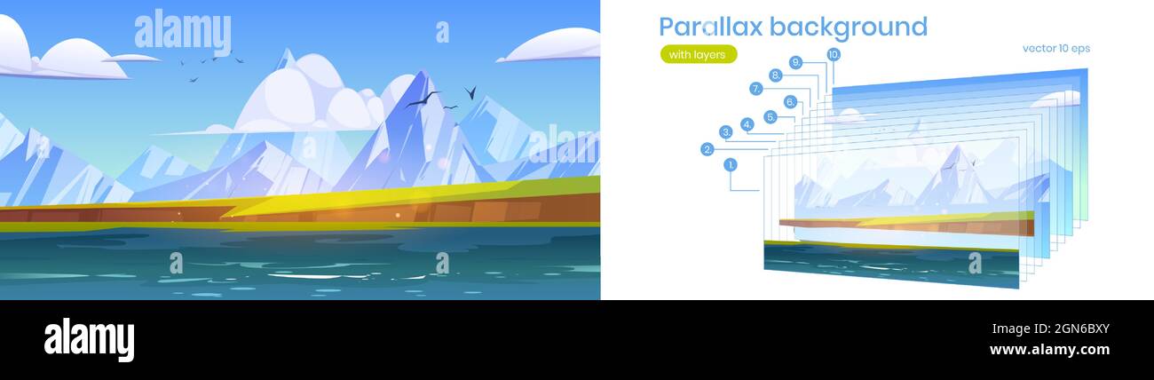 Parallax background, ocean or sea view with mountains and gulls in cloudy sky. Scenery nature landscape with separated layers. Summer seascape ui interface for animation, Cartoon vector illustration Stock Vector