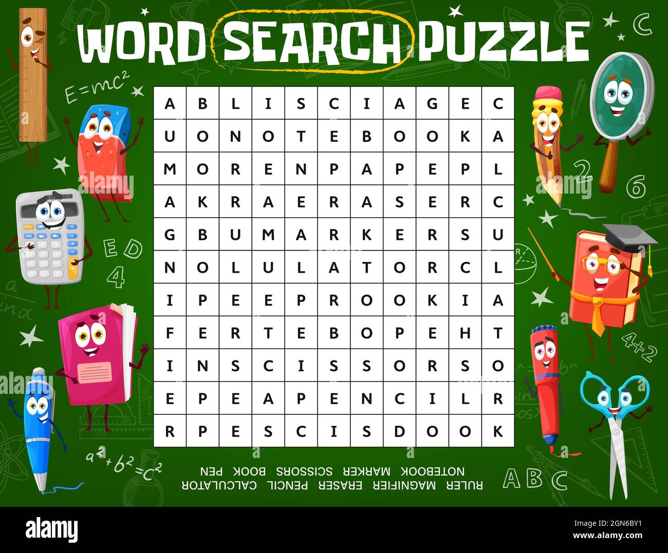 Word puzzle game worksheet with cartoon school education characters. Kids word grid quiz, crossword riddle or logical game book page with funny stationery, books and science formulas on chalkboard Stock Vector Image Word puzzle game worksheet with cartoon school education characters. Kids word grid quiz, crossword riddle or logical game book page with funny stationery, books and science formulas on chalkboard Stock Vector Image