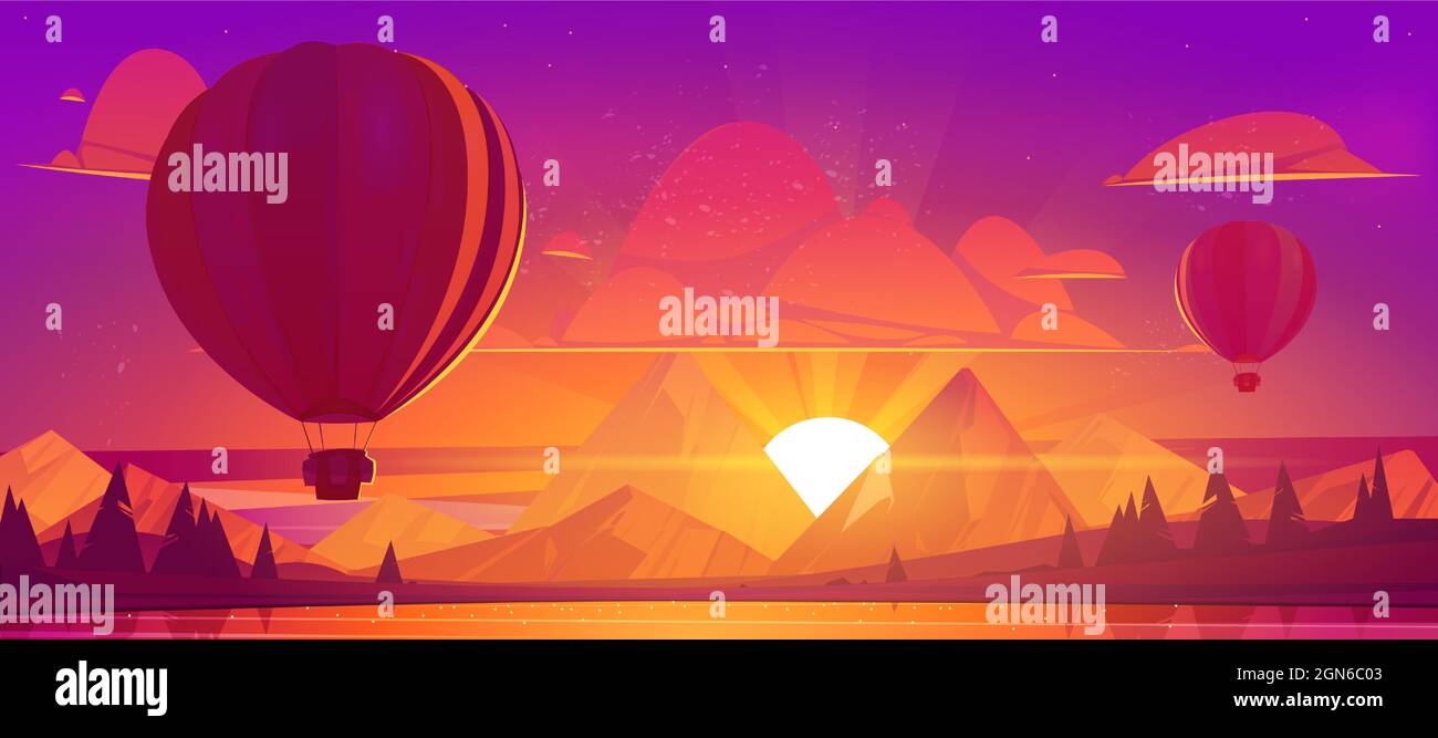 Hot air balloons flying in sunset sky above water pond and mountains in red and orange colored heaven. Dusk scenery landscape view, ballons flight travel, aerial tourism, Cartoon vector illustration Stock Vector