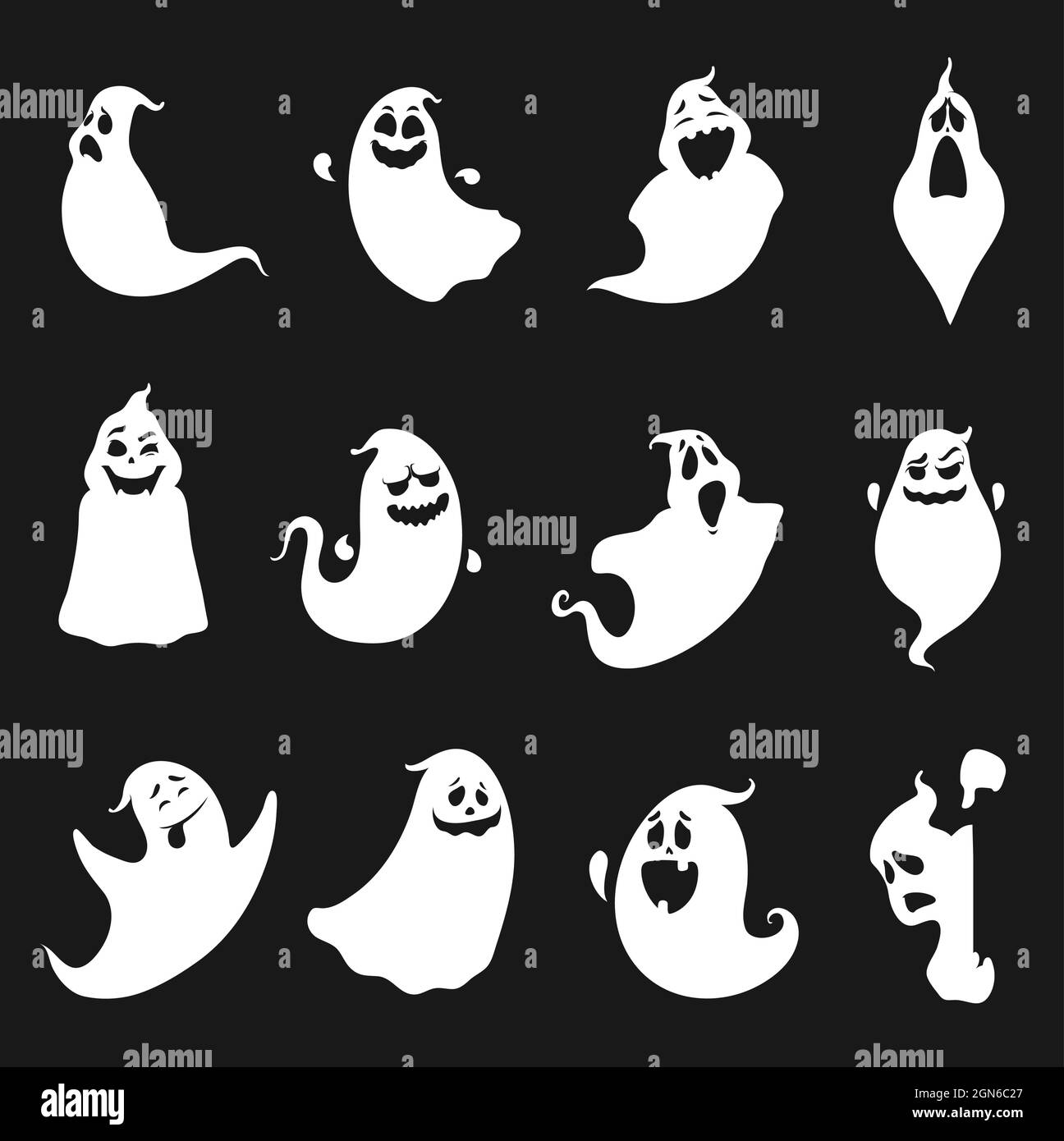 Funny cute and scary Halloween ghosts, white silhouettes of vector spooky  spirits. Halloween holiday cartoon boo ghouls or poltergeist and monster  ghosts with smiling and happy faces Stock Vector Image & Art 
