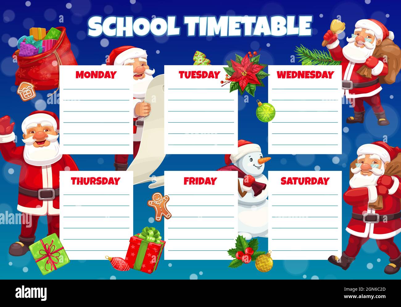 Children Christmas school timetable with Santa cartoon character. Child