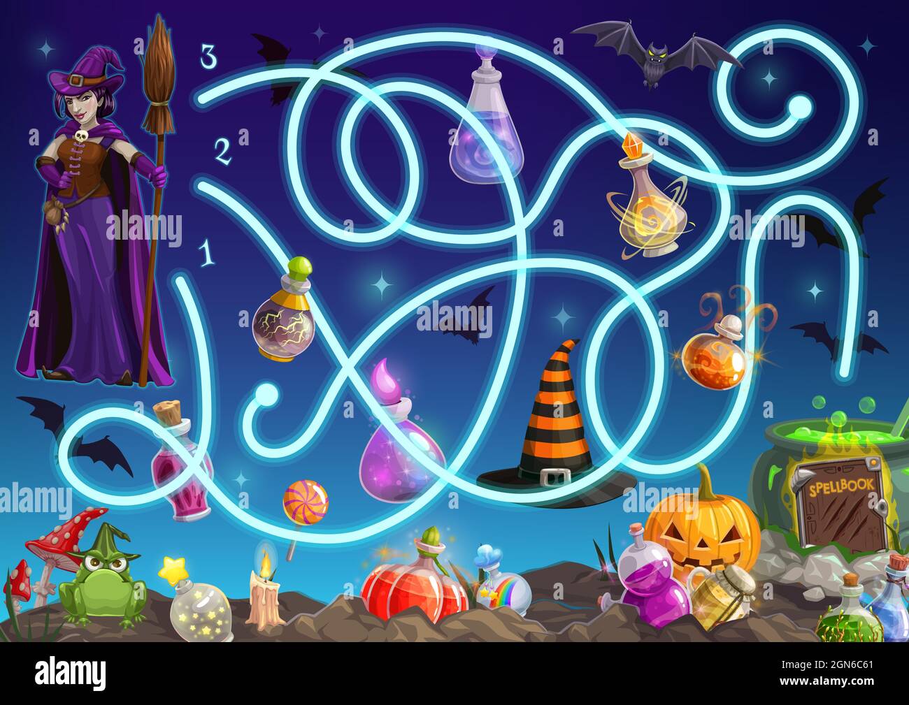 Maze game, Halloween puzzle labyrinth, kids cartoon fun play, vector.  Halloween maze, find way or path