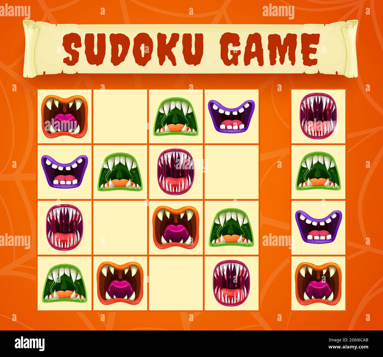 Halloween monster mouths of sudoku or puzzle game vector template. Children  educational worksheet of horror puzzle or riddle with screaming vampire,  alien mutant and demon smile, preschool education Stock Vector Image &