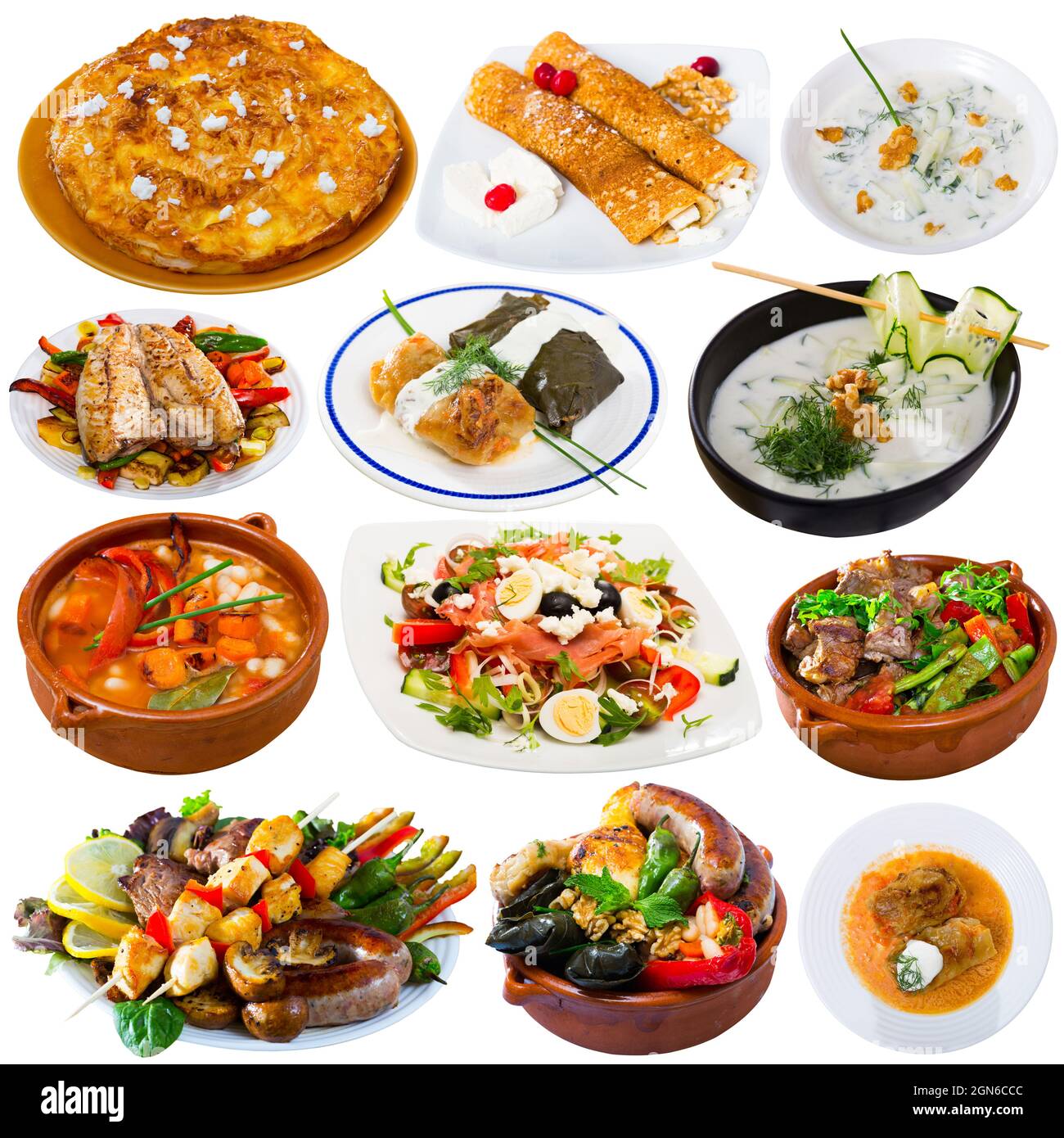Different dishes of traditional Bulgarian cuisine with meat and vegetables isolated Stock Photo