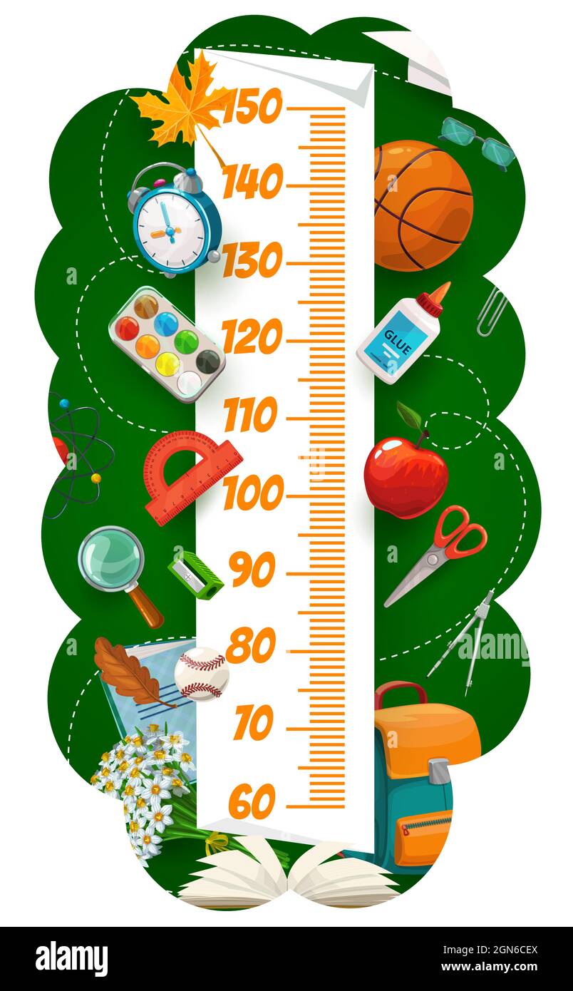 Kids height chart with school book and bag, stationery and sport items