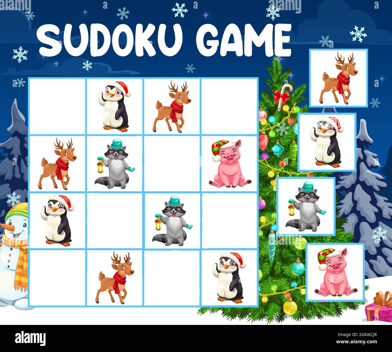 Sudoku game or puzzle with vector Christmas tree and animals. Logic mind game, puzzle, riddle or children education worksheet template with cartoon reindeer, pig and penguin, Christmas gifts, lights Stock Vector