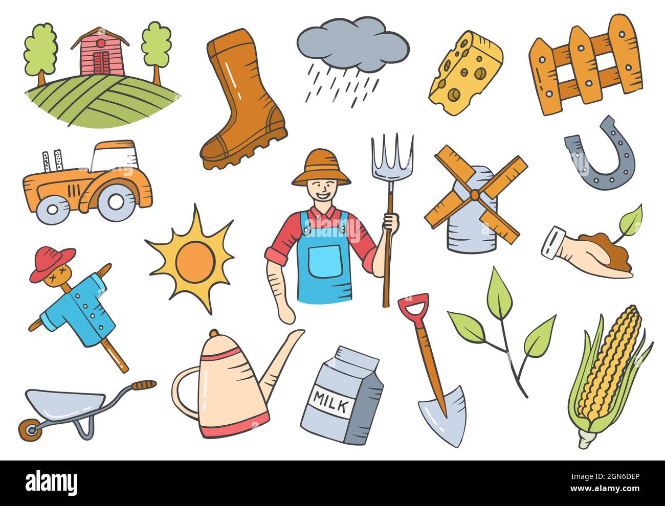 farmer jobs or profession doodle hand drawn set collections with flat outline style vector illustration Stock Photo
