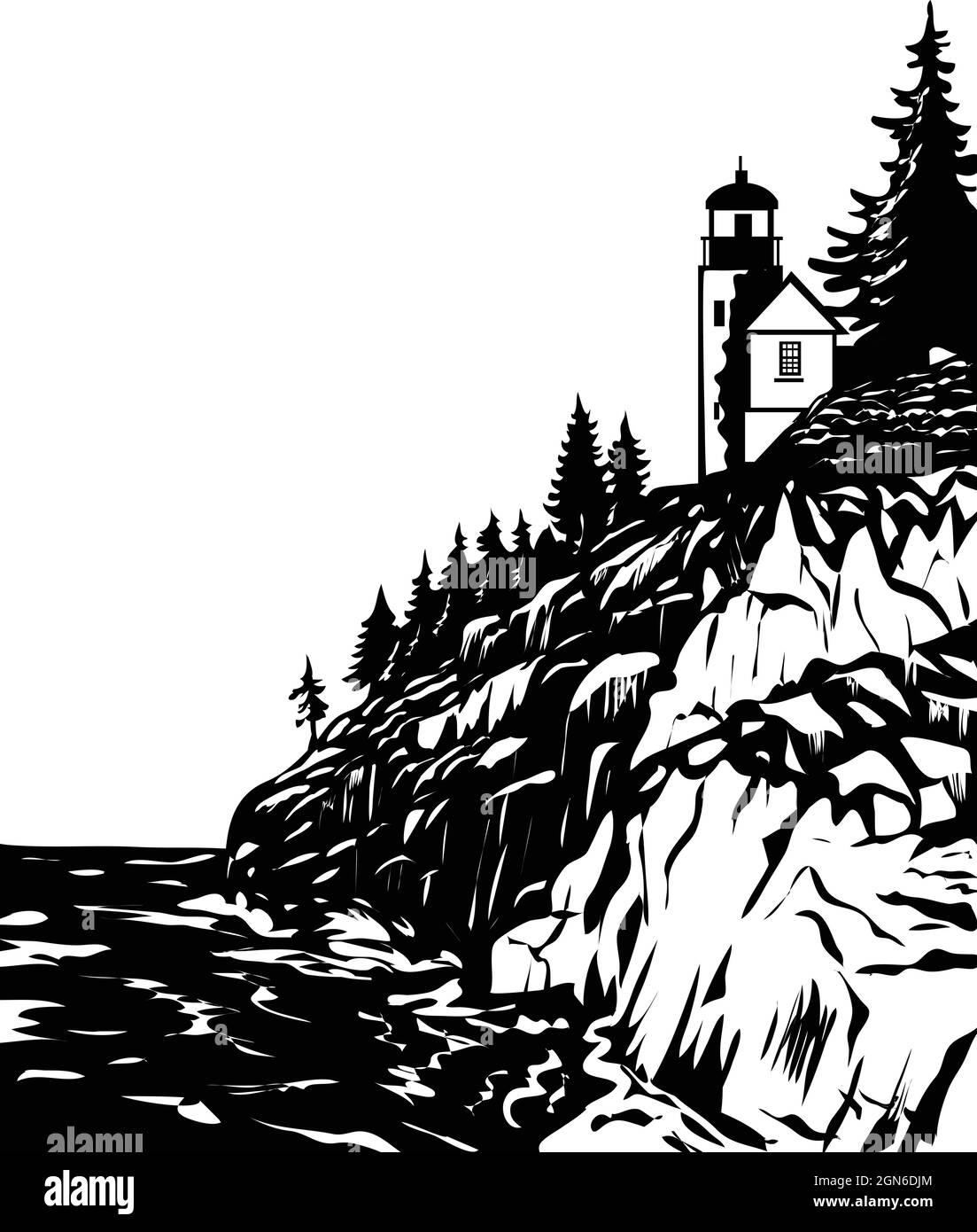 WPA woodcut poster art of Bass Harbor Head Lighthouse in Acadia National Park, Hancock County Maine USA done in works project administration black an Stock Vector