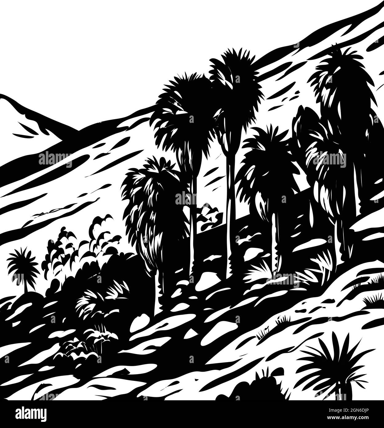 WPA woodcut poster art of Fortynine Palms Oasis Trail on the north end of Joshua Tree National Park, California USA done in works project administrati Stock Vector