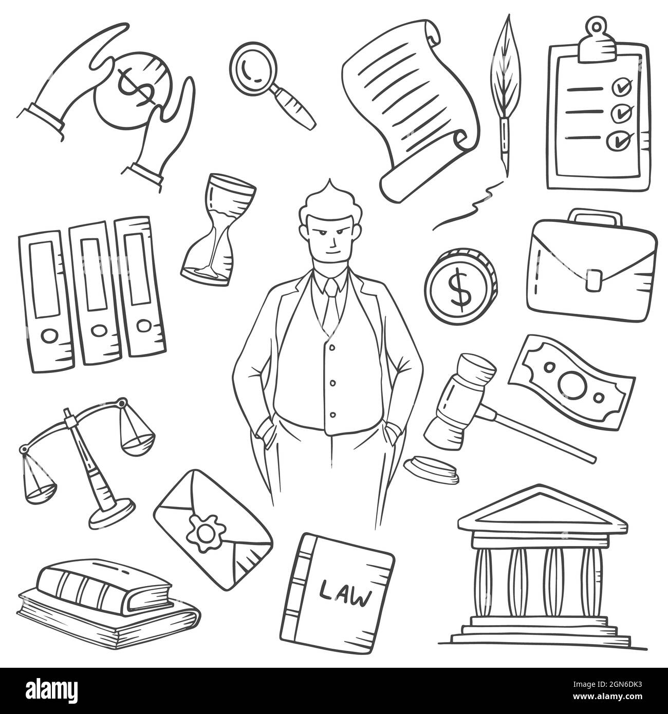 lawyer jobs or profession doodle hand drawn set collections with outline black and white style
